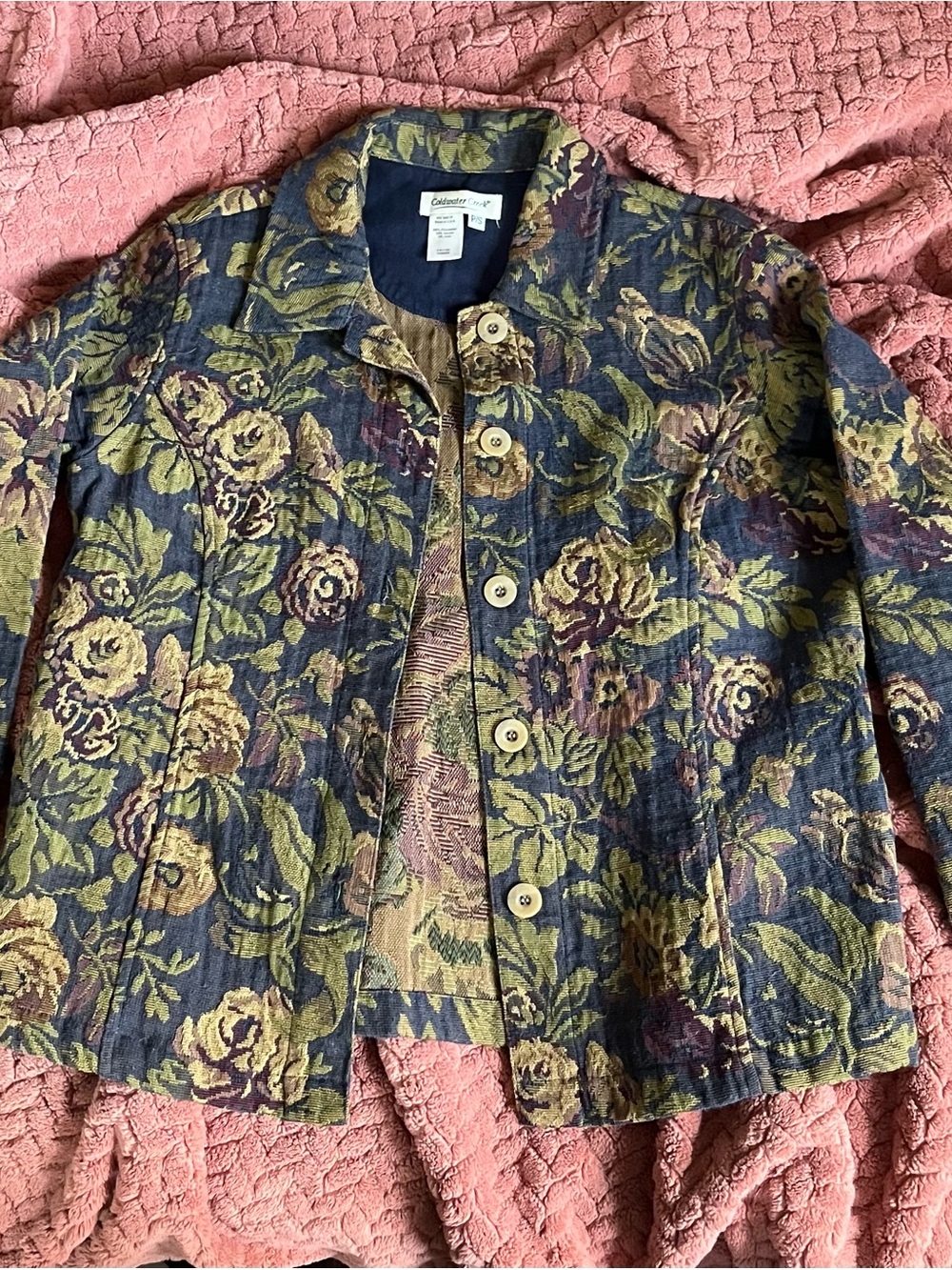 Coldwater Creek Navy Floral Brocade Jacket with Olive Accents
